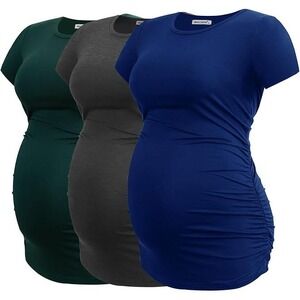 SMALL SHOW Maternity Ruched Bodycon Short Sleeve T-Shirts Casual Pregnancy 3Pk M